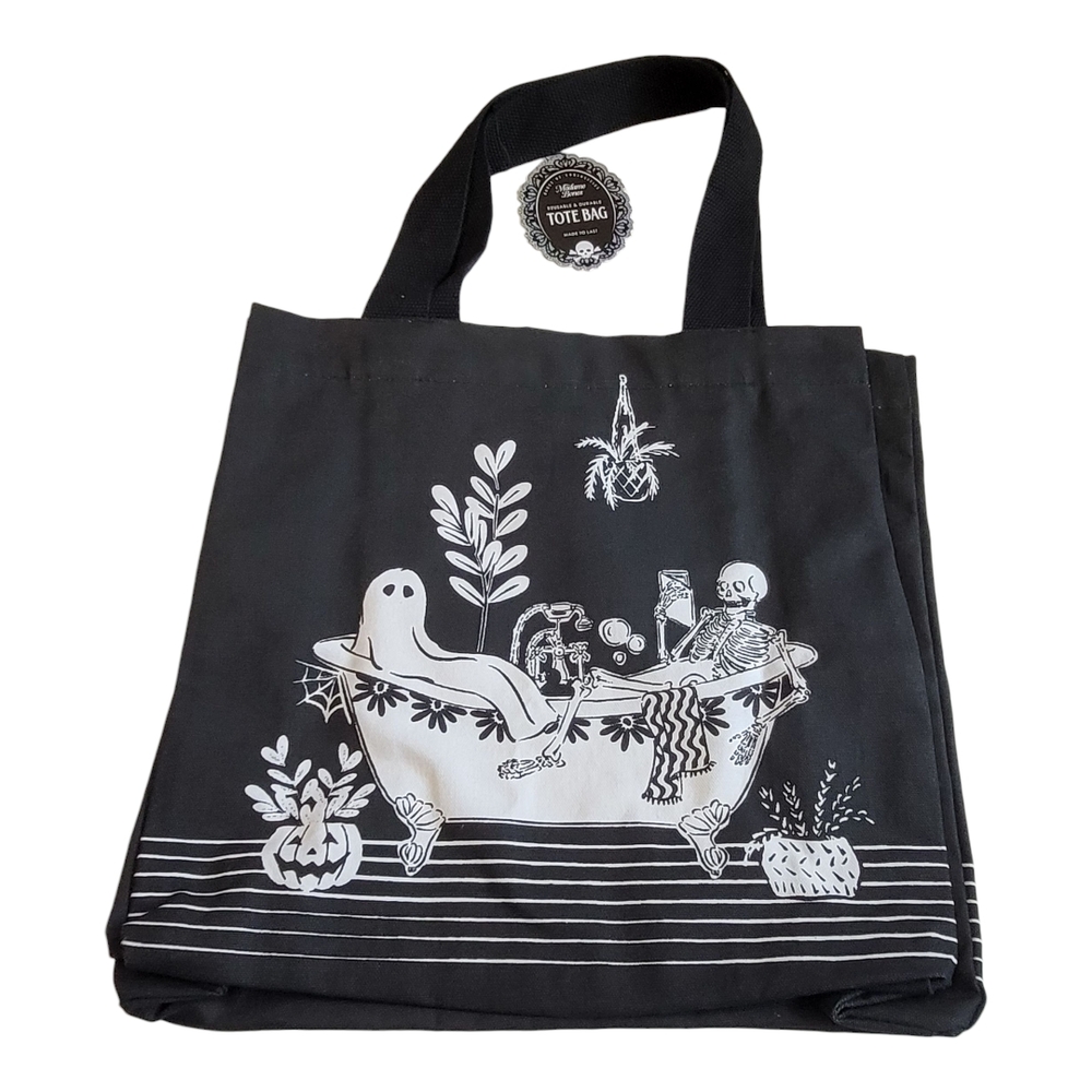 NWT Black Halloween Tote Bag Cute Ghost Skeleton Cotton Reuseable Madame Bones